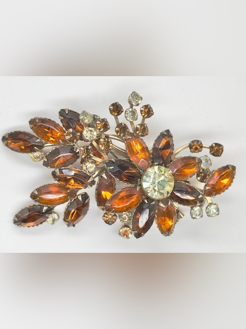 Huge Vintage Amber Topaz Rhinestone Flower Spray Brooch Pin Layer Prong Set 3”